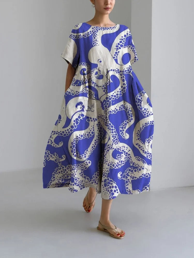 Damenmode Blau Octopus Print Lose Rundhals Mittellanges Rockkleid 