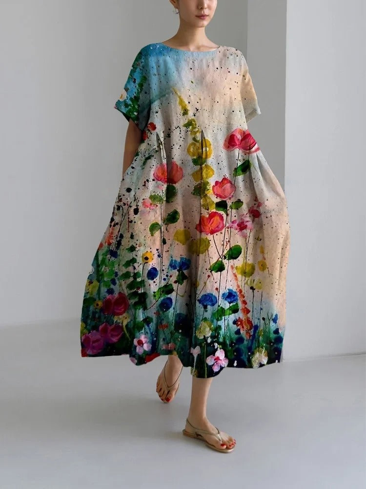 Robe jupe mi-longue ample à col rond et motif floral pour femme 