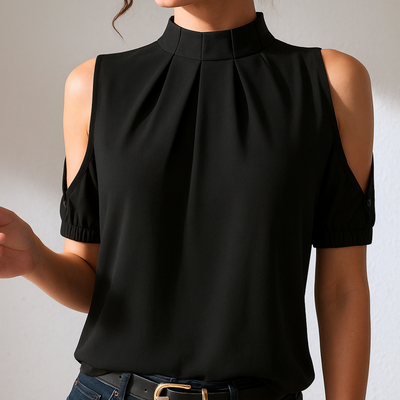Emily | Zwarte Plissé Blouse Met Gespleten Mouwen