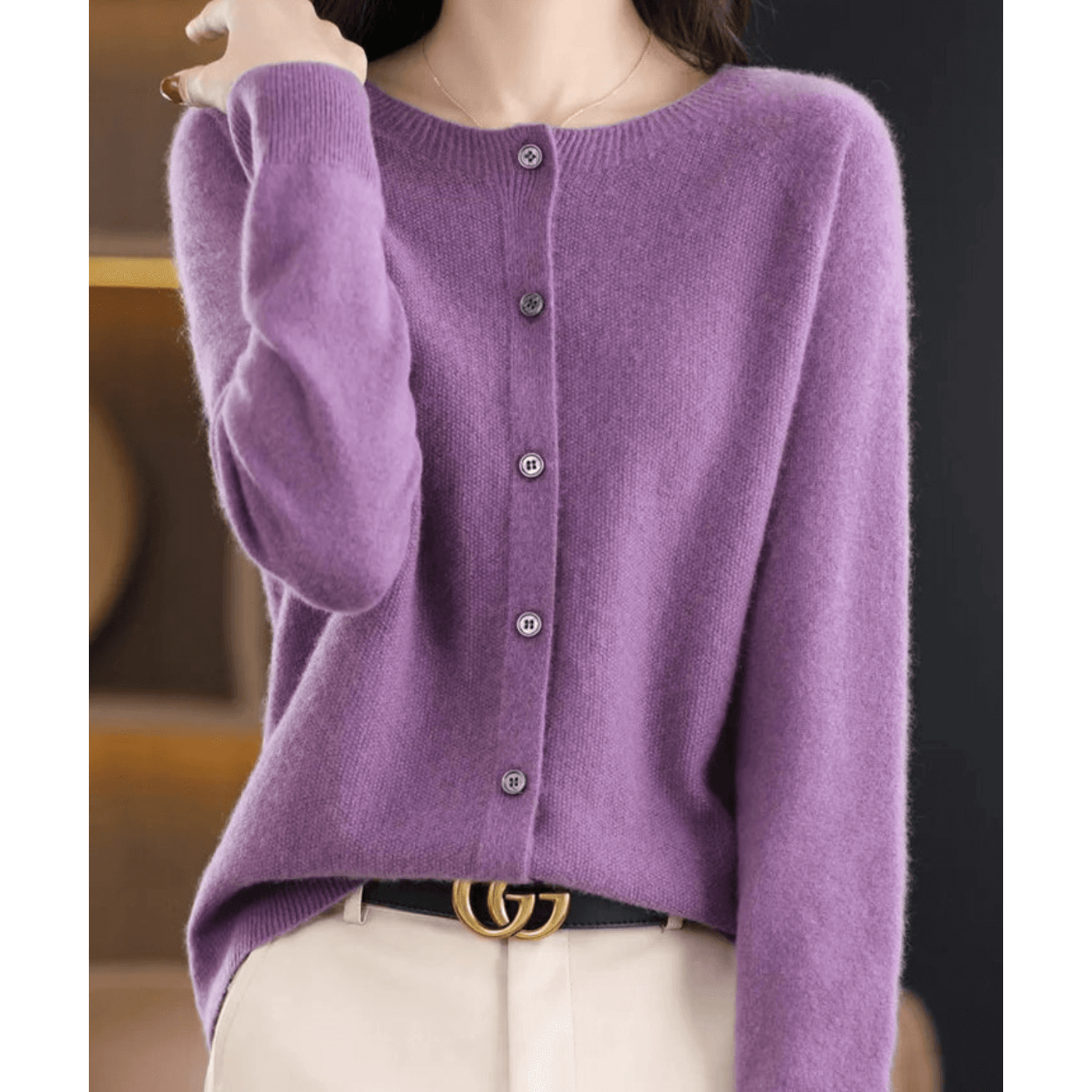 Pure Merino Wool-like Ladies O-neck Cardigan Cashmere-like Sweater