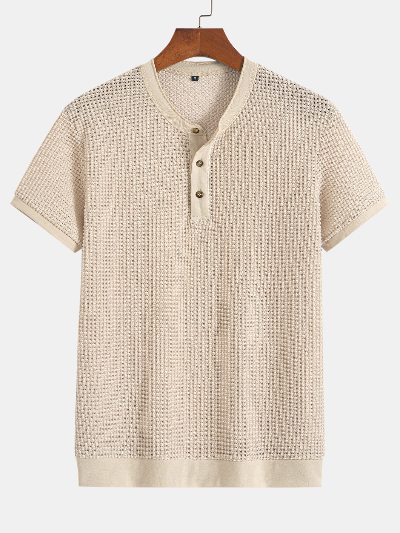 Henley Neck Textured Ribbed Hem T-Shirt