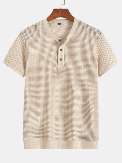 Henley Neck Textured Ribbed Hem T-Shirt