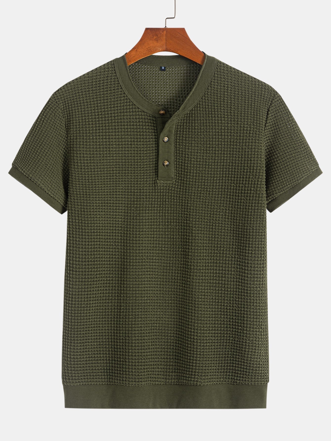 Henley Neck Textured Ribbed Hem T-Shirt
