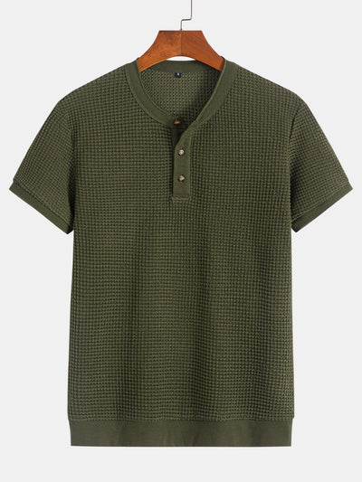 Henley Neck Textured Ribbed Hem T-Shirt