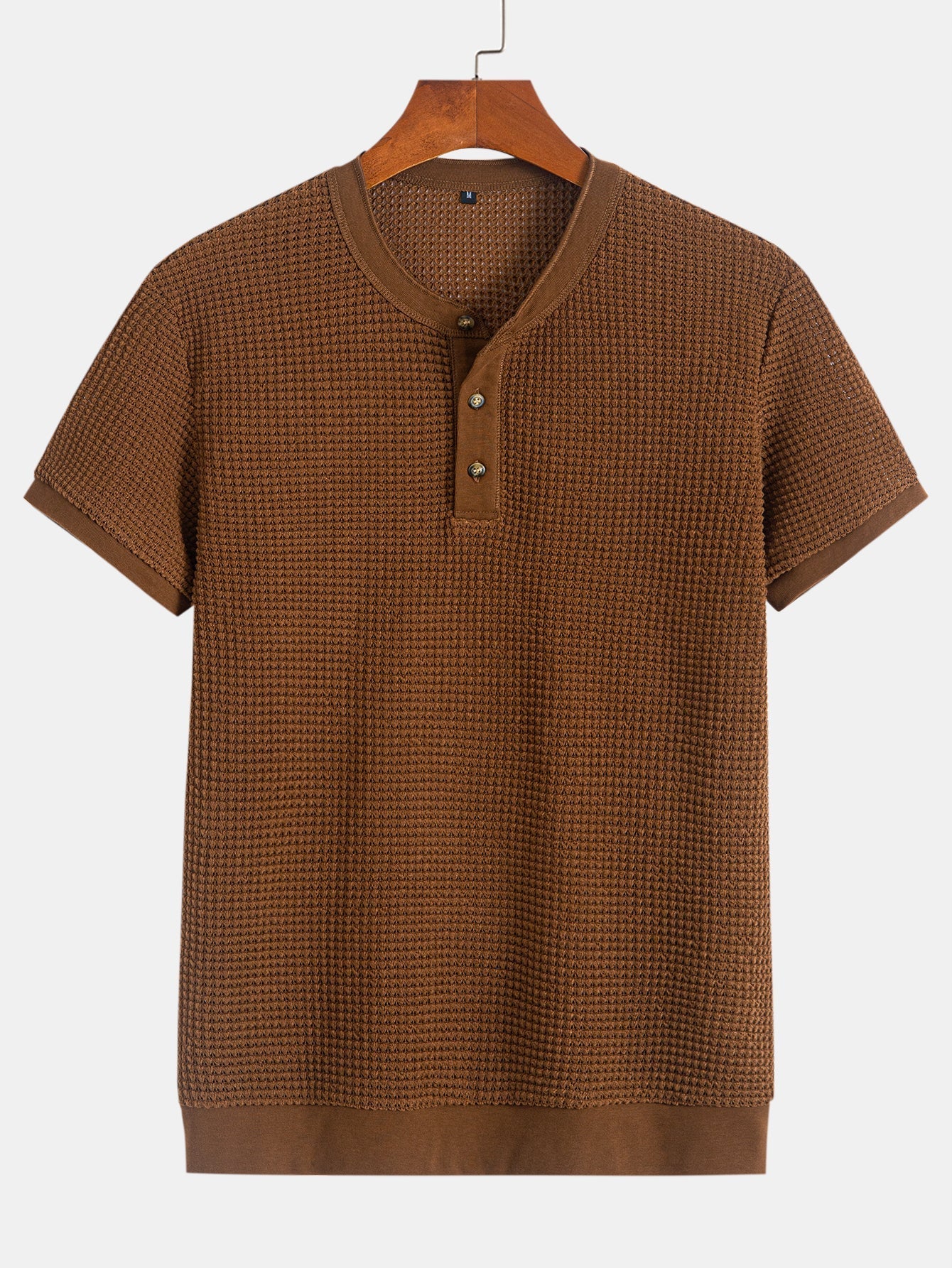 Henley Neck Textured Ribbed Hem T-Shirt