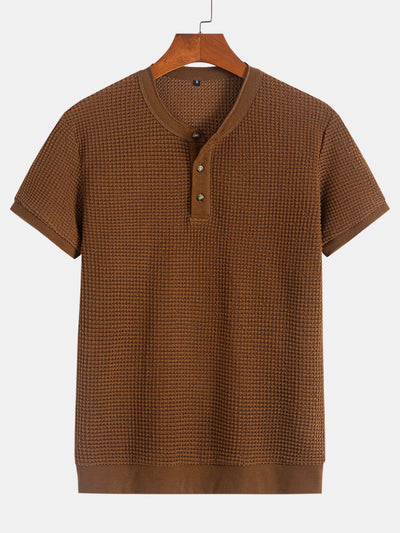 Henley Neck Textured Ribbed Hem T-Shirt