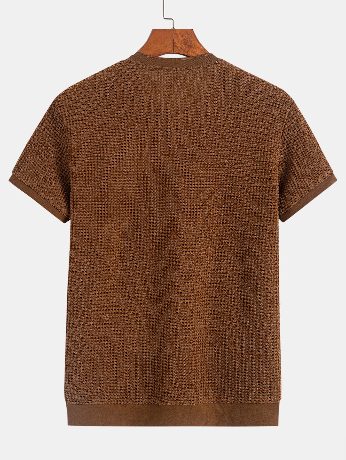 Henley Neck Textured Ribbed Hem T-Shirt