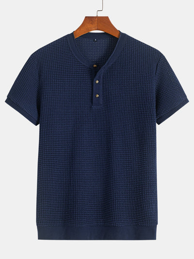 Henley Neck Textured Ribbed Hem T-Shirt