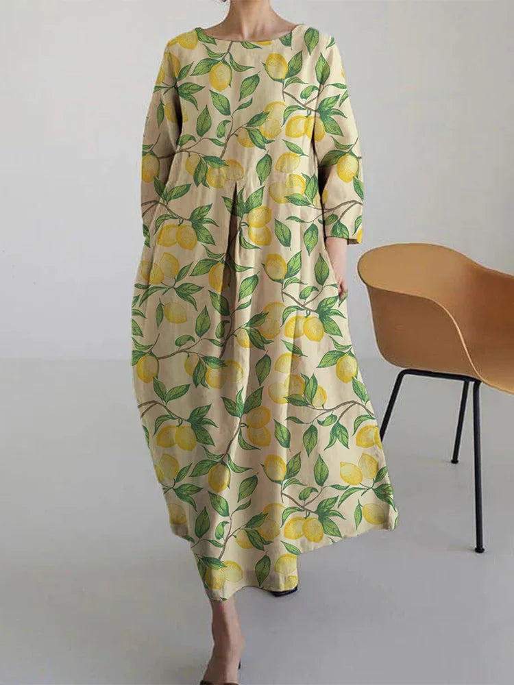 Robe mi-longue décontractée à manches longues et imprimé citronnier pour femme 