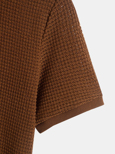 Henley Neck Textured Ribbed Hem T-Shirt