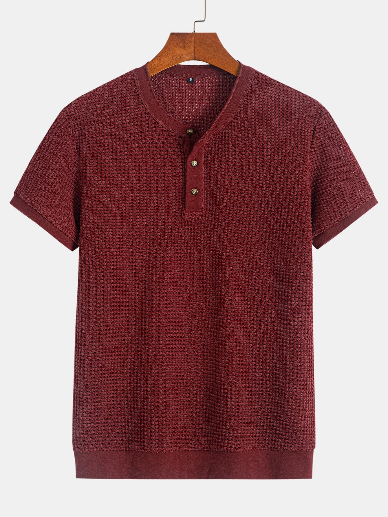 Henley Neck Textured Ribbed Hem T-Shirt