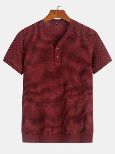 Henley Neck Textured Ribbed Hem T-Shirt