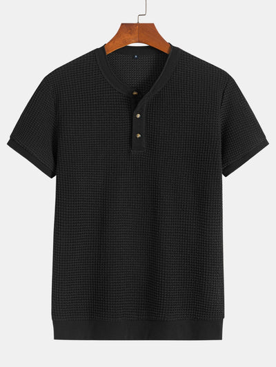 Henley Neck Textured Ribbed Hem T-Shirt