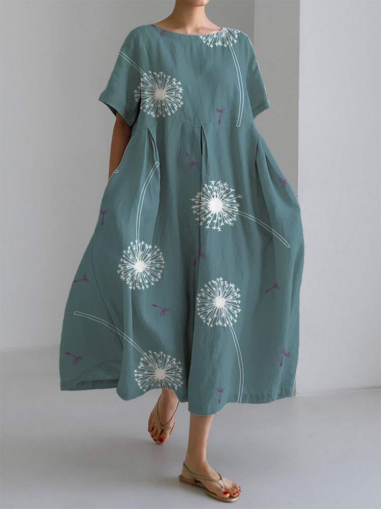 Robe longue à imprimé pissenlit vert pour femme avec ourlet large 