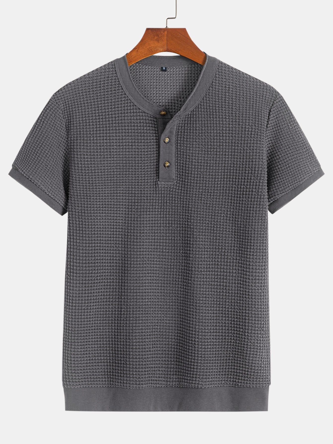 Henley Neck Textured Ribbed Hem T-Shirt