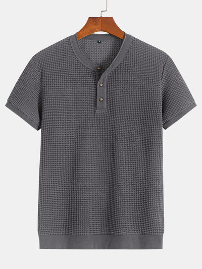 Henley Neck Textured Ribbed Hem T-Shirt