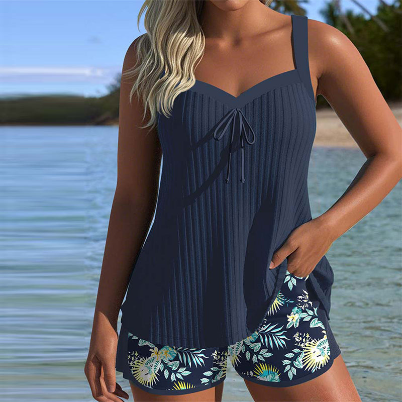 Liveli® | Striped Tankini with Two-Piece Beach Shorts
