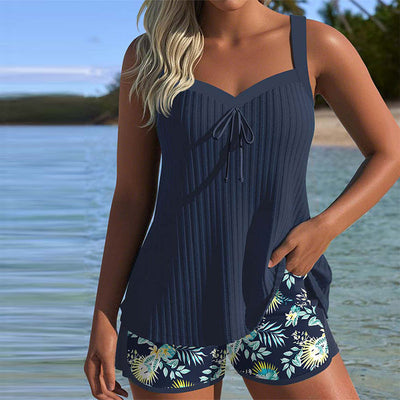 Liveli® | Striped Tankini with Two-Piece Beach Shorts