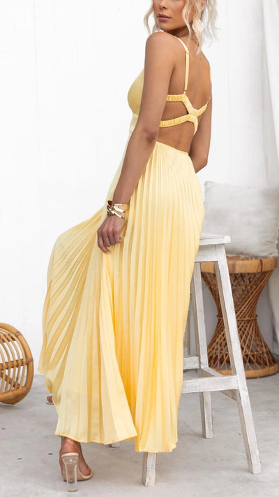 Alynne | Yellow Pleated V-Neck Maxi Dress