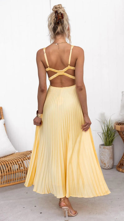 Alynne | Yellow Pleated V-Neck Maxi Dress