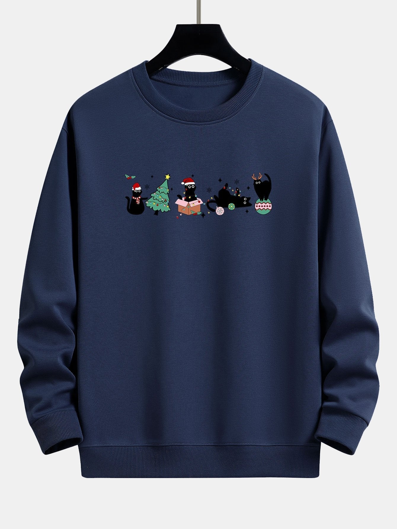 Christmas Black Cat Print Relax Fit Sweatshirt