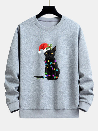 Christmas Lights Cat Print Relax Fit Sweatshirt