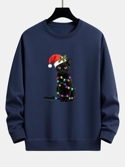 Christmas Lights Cat Print Relax Fit Sweatshirt