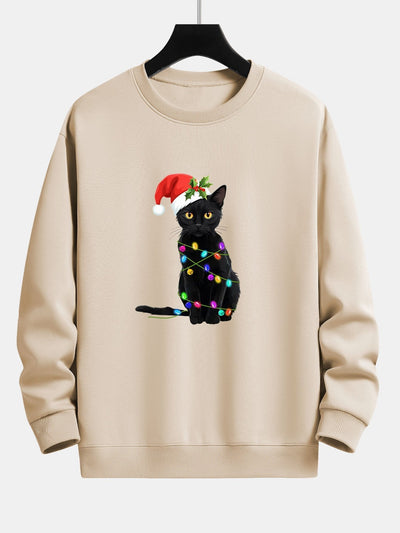 Christmas Lights Cat Print Relax Fit Sweatshirt