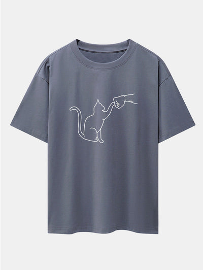Fist Bump Cat Print Drop Shoulder Oversize T-Shirt