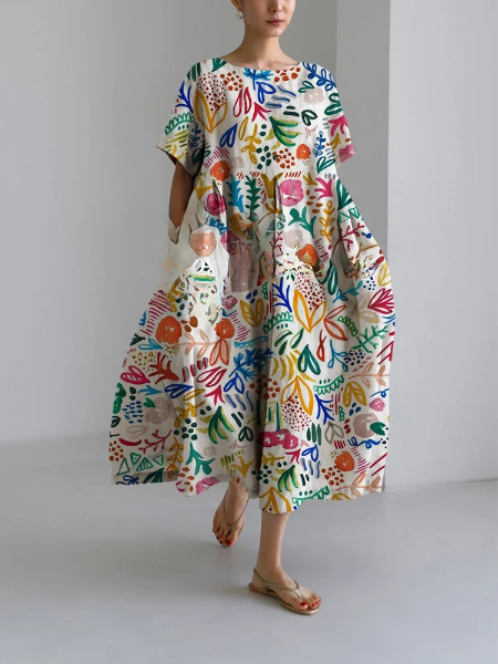 Robe jupe mi-longue ample à col rond et imprimé floral pour femme 
