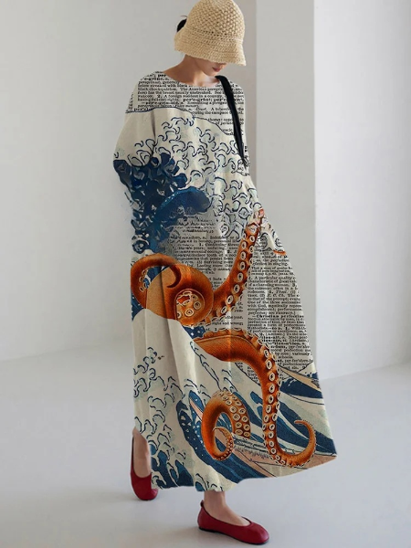 Women's Casual Janpanese Octopus Print Long Sleeve Midi Dress