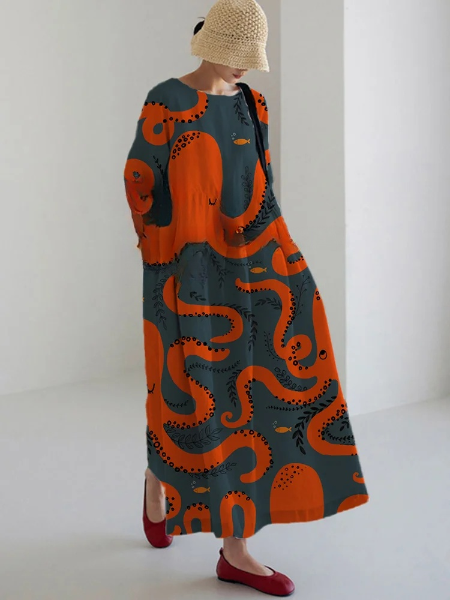 Damenkleid mit Art-Retro-Blätter-Print, lockerer Rundhalsausschnitt, mittellanger Rock 