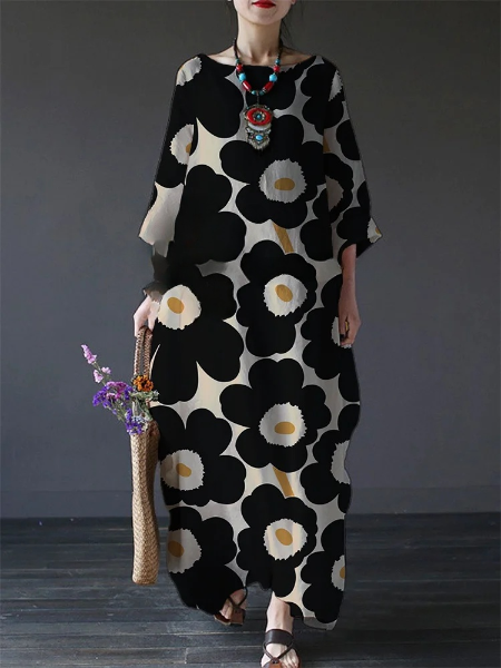 Women's Casual Black Flory Print Loose Round Neck Medium Length Dress