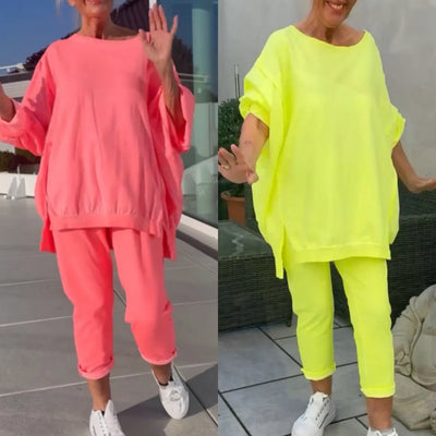 ⏳Limited time 50% off💥🥰 Round neck with slit. Fluorescent leisure suit for women