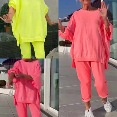 ⏳Limited time 50% off💥🥰 Round neck with slit. Fluorescent leisure suit for women