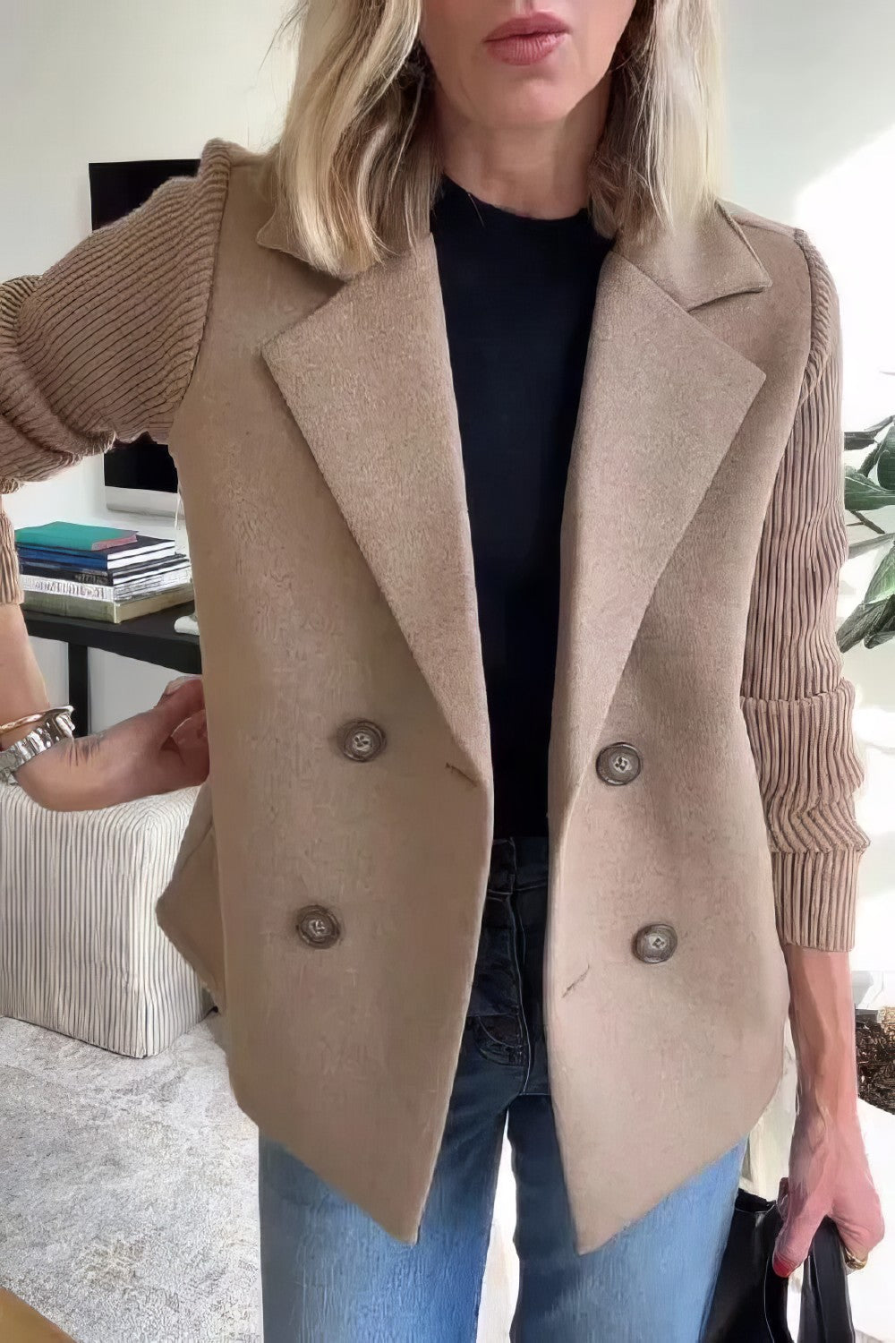 CLAIRE | Langer Cardigan mit Patchwork-Ärmeln, trendig und schick