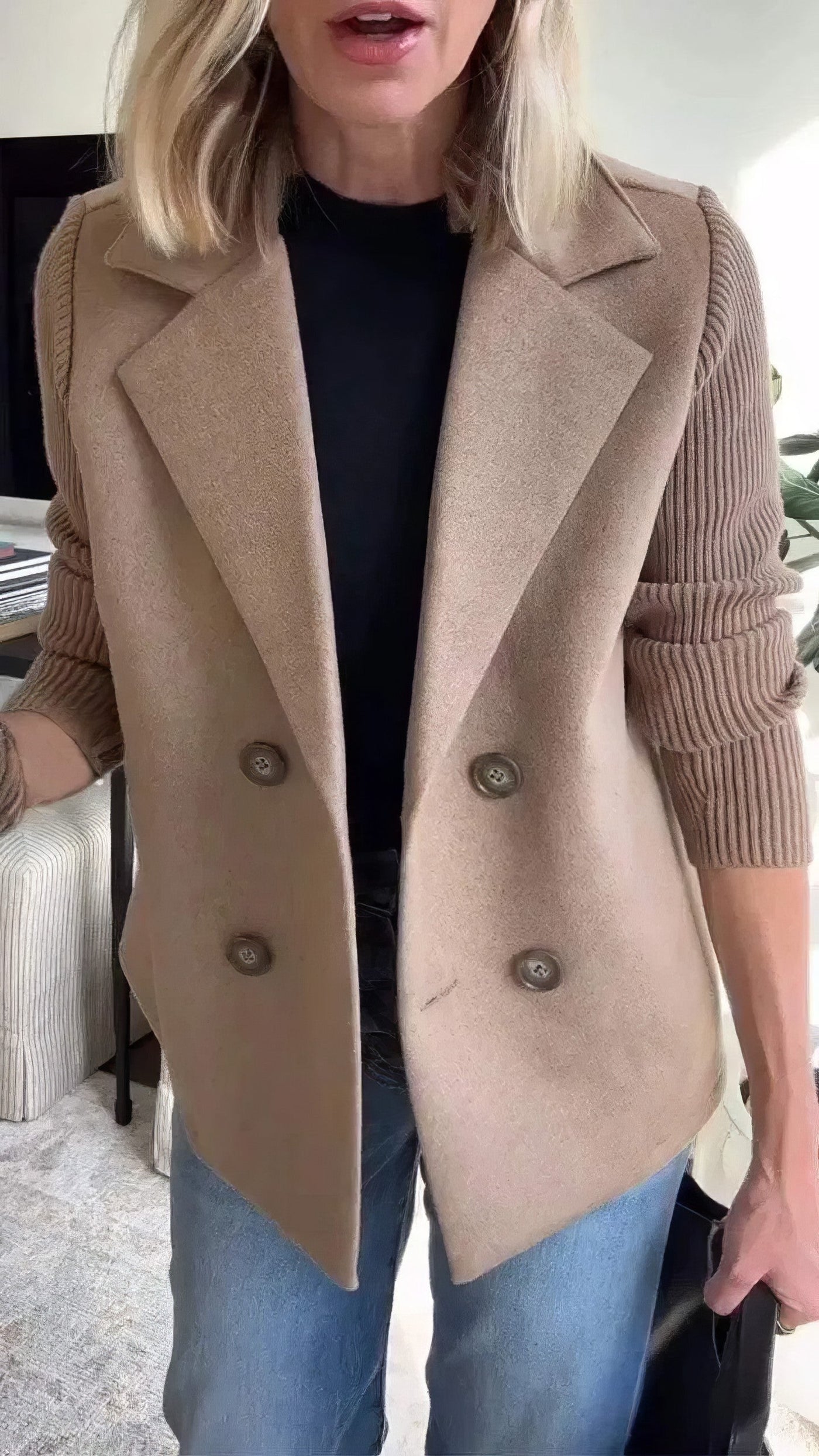 CLAIRE | Langer Cardigan mit Patchwork-Ärmeln, trendig und schick
